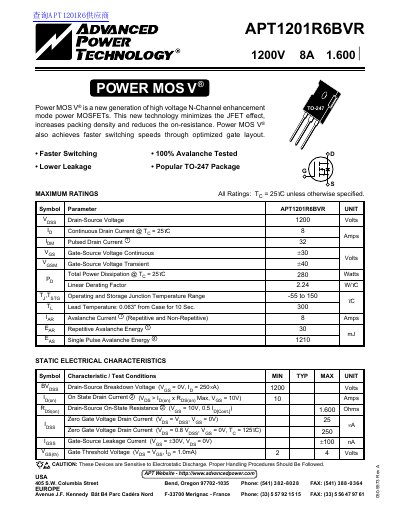 Advanced Power Technology APT1201R6BVR Power MOSFET Datasheet - cover page