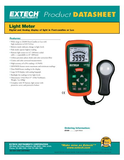 Extech LT300 Light Meter Datasheet