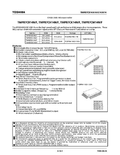 TOSHIBA TMP87C814N/F TMP87CH14N/F TMP87CK14N/F TMP87CM14N/F DATA SHEET - cover page