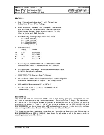 Dallas Semiconductor Quad T1/E1 Transceiver DS21Q352/DS21Q552/DS21Q354/DS21Q554 Preliminary Data Sheet - cover page