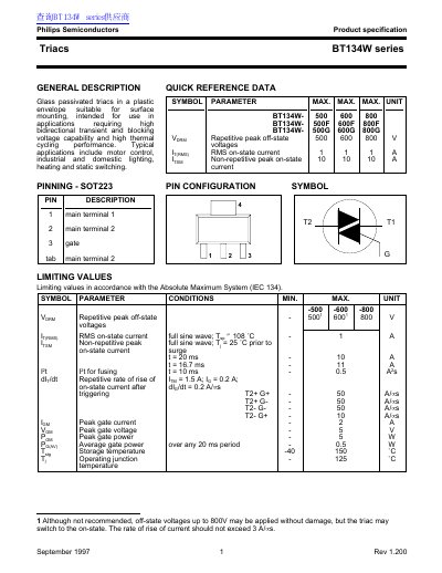 Philips BT134W Series Triac Datasheet - cover page