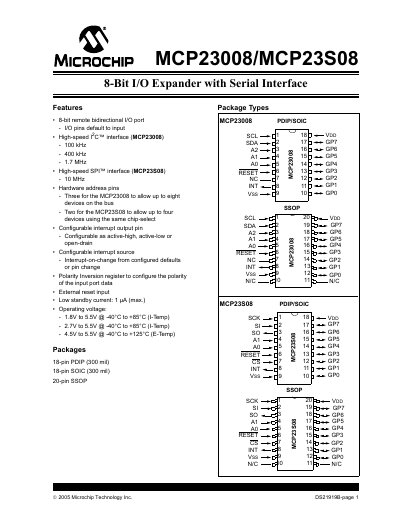 Microchip MCP23008/MCP23S08 8-Bit I/O Expander Datasheet - cover page