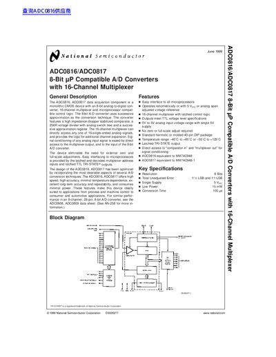 National Semiconductor ADC0816/ADC0817 8-Bit P Compatible A/D Converters with 16-Channel Multiplexer handbook - cover page
