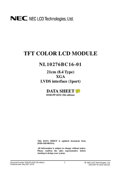 NEC NL10276BC16-01 LCD Module Datasheet - cover page