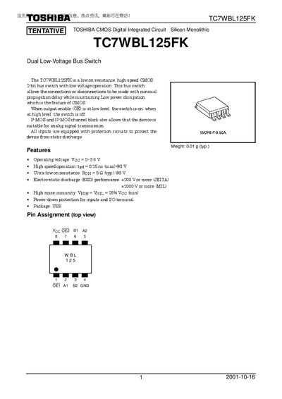 Toshiba TC7WBL125FK Dual Low-Voltage Bus Switch Datasheet - cover page