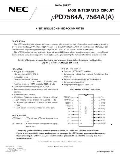 NEC uPD7564A, 7564A(A) 4-Bit Microcomputer Datasheet - cover page