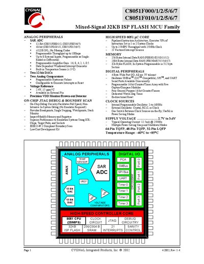 Cygnal C8051F000/1/2/5/6/7 and C8051F010/1/2/5/6/7 Mixed-Signal 32KB ISP Flash MCU Family Datasheet - cover page