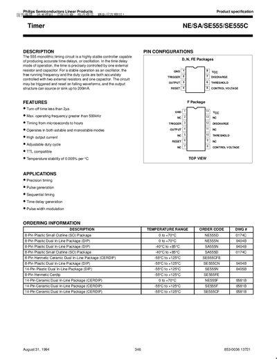 Philips NE555 / SA555 / SE555 / SE555C Timer Datasheet - cover page