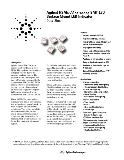 Agilent HSMx-A4xx-xxxxx SMT LED Indicator Datasheet - cover page