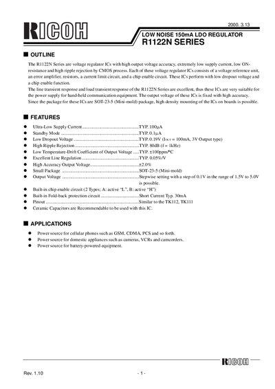 Ricoh R1122N Series Low Noise LDO Regulator Datasheet - cover page