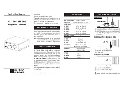 Hanna Instruments HI 190/HI 200 Magnetic Stirrers Instruction Manual - cover page