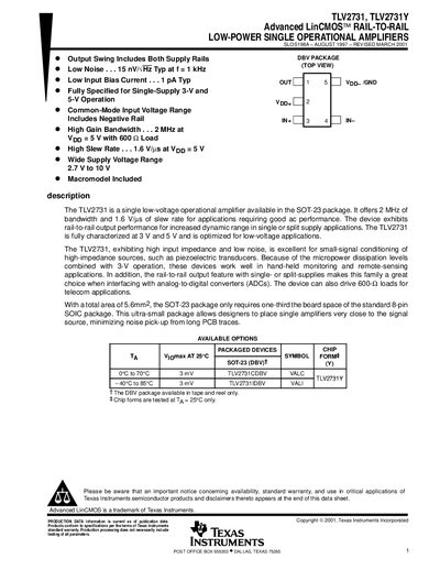 Texas Instruments TLV2731/TLV2731Y Operational Amplifier Datasheet - cover page