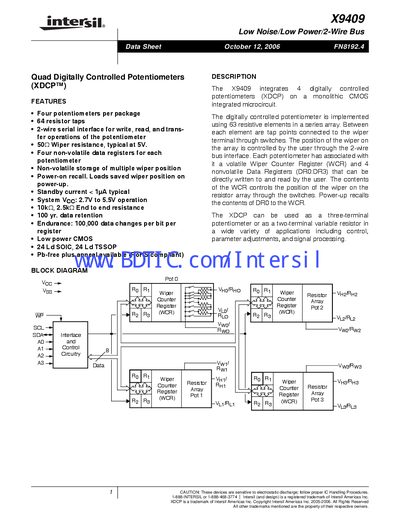 Intersil X9409 Quad Digitally Controlled Potentiometer Data Sheet - cover page