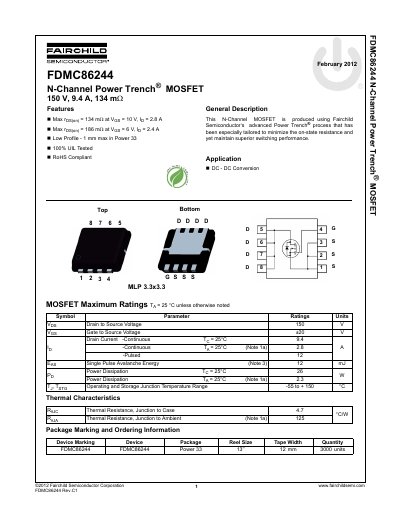 Fairchild FDMC86244 N-Channel MOSFET Datasheet - cover page