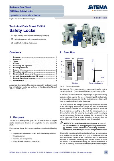 SITEMA KRG/KRGP Safety Lock Technical Data Sheet - cover page