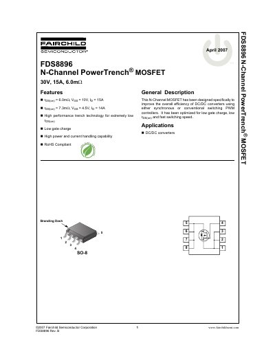 Fairchild FDS8896 N-Channel PowerTrench MOSFET Datasheet - cover page