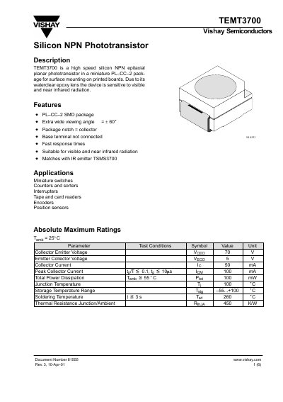 Vishay TEMT3700 Silicon NPN Phototransistor Datasheet - cover page