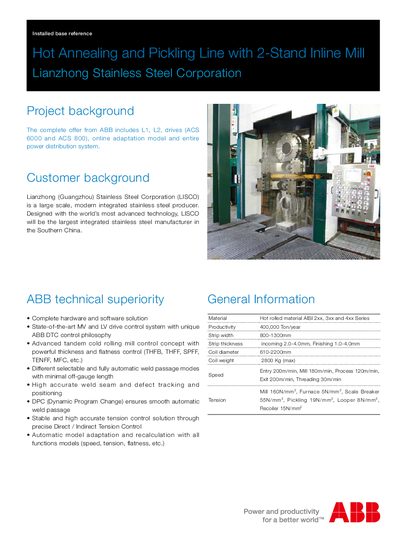 ABB Hot Annealing Pickling Line with 2-Stand Inline Mill Installed Base Reference - cover page