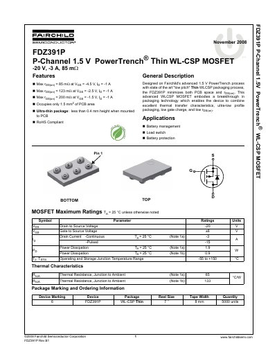 Fairchild FDZ391P P-Channel MOSFET Datasheet - cover page