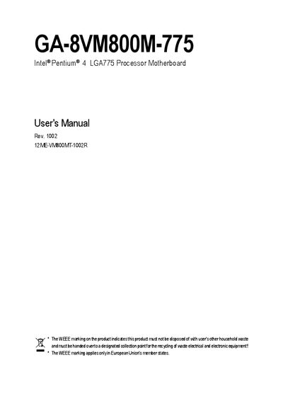 GIGABYTE GA-8VM800M-775 Intel Pentium 4 LGA775 Processor Motherboard User's Manual - cover page