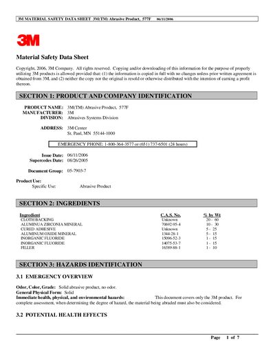 3M 577F Abrasive Product Material Safety Data Sheet - cover page