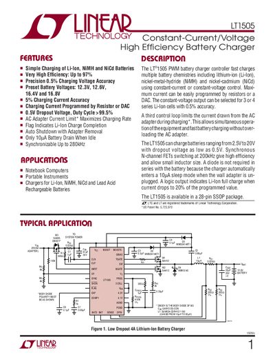 Linear Technology LT1505 High Efficiency Battery Charger Datasheet - cover page
