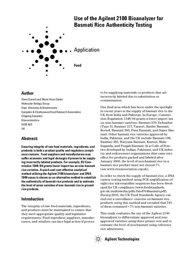 Agilent 2100 Bioanalyzer Basmati Rice Authenticity Testing Application Note - cover page