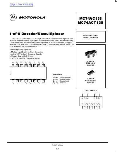 Motorola MC74AC138/MC74ACT138 1-of-8 Decoder Datasheet - cover page