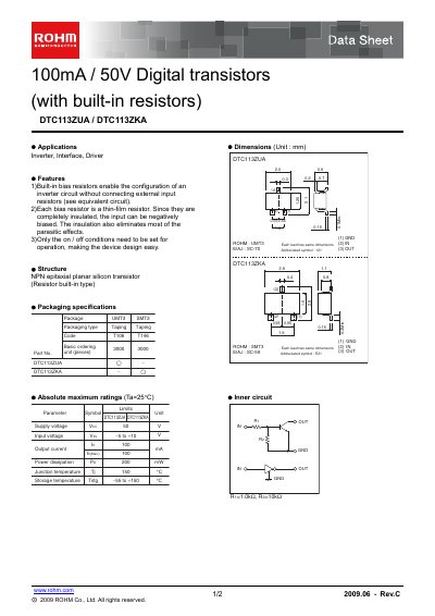 ROHM DTC113ZKA Datasheet - cover page