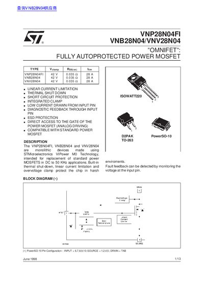 STMicroelectronics VNP28N04FI VNB28N04 VNV28N04 Power MOSFET Datasheet - cover page