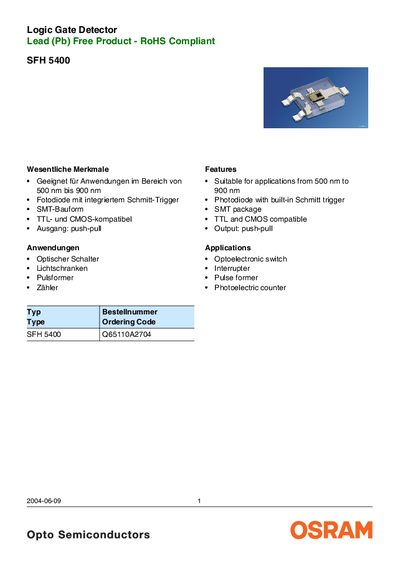 OSRAM SFH 5400 Logic Gate Detector Lead-Free RoHS Compliant Datasheet - cover page