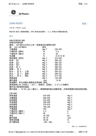 GE Plastics LEXAN PK2870 Datasheet - cover page