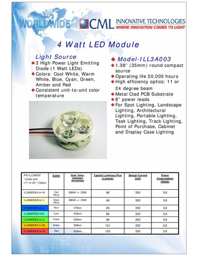 CML Innovative Technologies ILL3A003 4 Watt LED Module Manual - cover page
