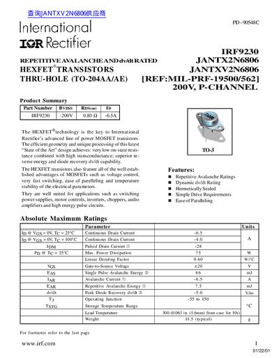 International Rectifier IRF9230 P-Channel HEXFET Transistor Datasheet - cover page
