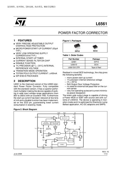 STMicroelectronics L6561 Power Factor Corrector Datasheet - cover page