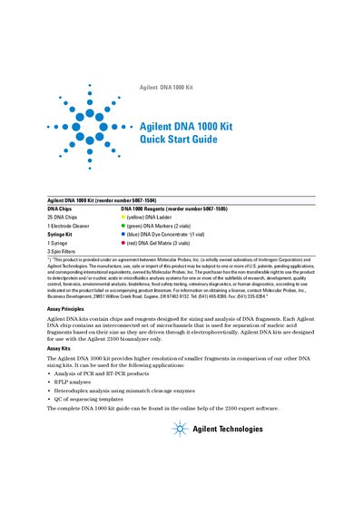 Agilent Technologies Agilent DNA 1000 Kit Quick Start Guide - cover page