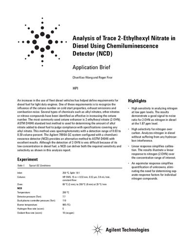 Agilent 7890A GC Analysis of Trace 2-Ethylhexyl Nitrate in Diesel Using Chemiluminescence Detector Application Note - cover page