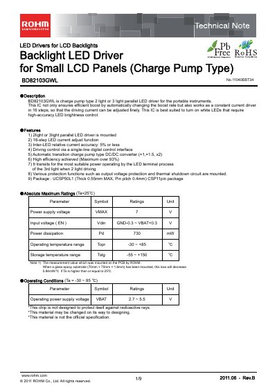 ROHM BD82103GWL LED Driver Technical Note - cover page