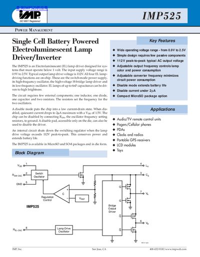 IMP IMP525 Single Cell Battery Powered Electroluminescent Lamp Driver Datasheet - cover page