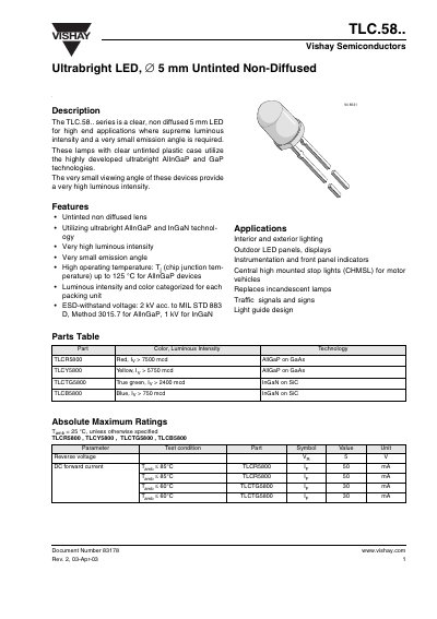 Vishay TLC.58.. Ultrabright LED 5 mm Untinted Non‑Diffused Datasheet - cover page
