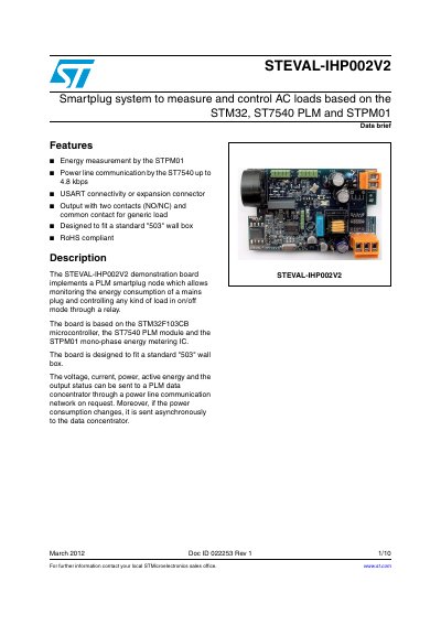 ST STEVAL-IHP002V2 Smartplug system to measure control AC loads based on the STM32 ST7540 PLM STPM01 handbook