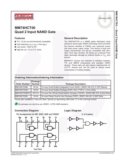 Fairchild MM74HCT00 Quad 2-Input NAND Gate Datasheet - cover page