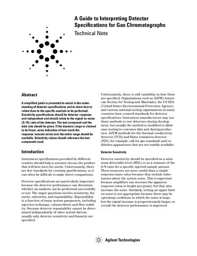 Agilent Guide to Interpreting Detector Specifications for Gas Chromatographs - cover page