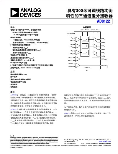 Analog Devices AD8122 Three-Channel Differential Receiver and Equalizer Datasheet