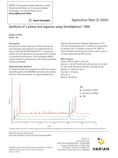 Synthesis of a primer test sequence using StratoSpheres DNA Application Note Sl-02001 - cover page
