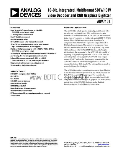 Analog Devices ADV7401 Video Decoder Datasheet - cover page