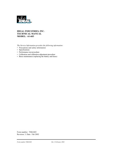 Ideal 61-603 Multimeter Service Manual - cover page