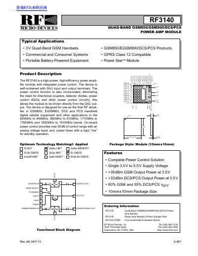 RF Micro Devices RF3140 Quad-Band GSM Power Amp Module Datasheet - cover page