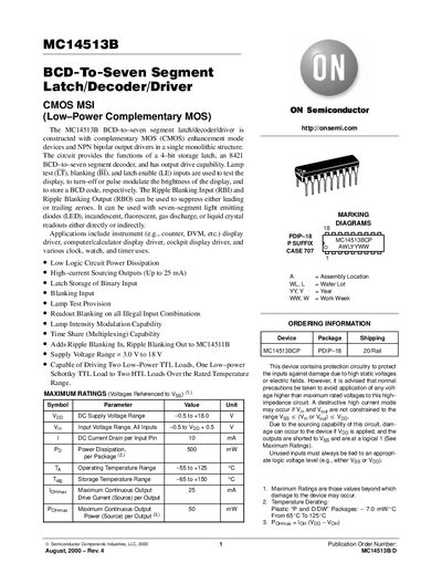 ON Semiconductor MC14513B BCD-to-Seven Segment Latch/Decoder/Driver Datasheet - cover page