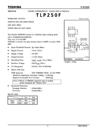 Toshiba TLP250F Optocoupler Datasheet - cover page